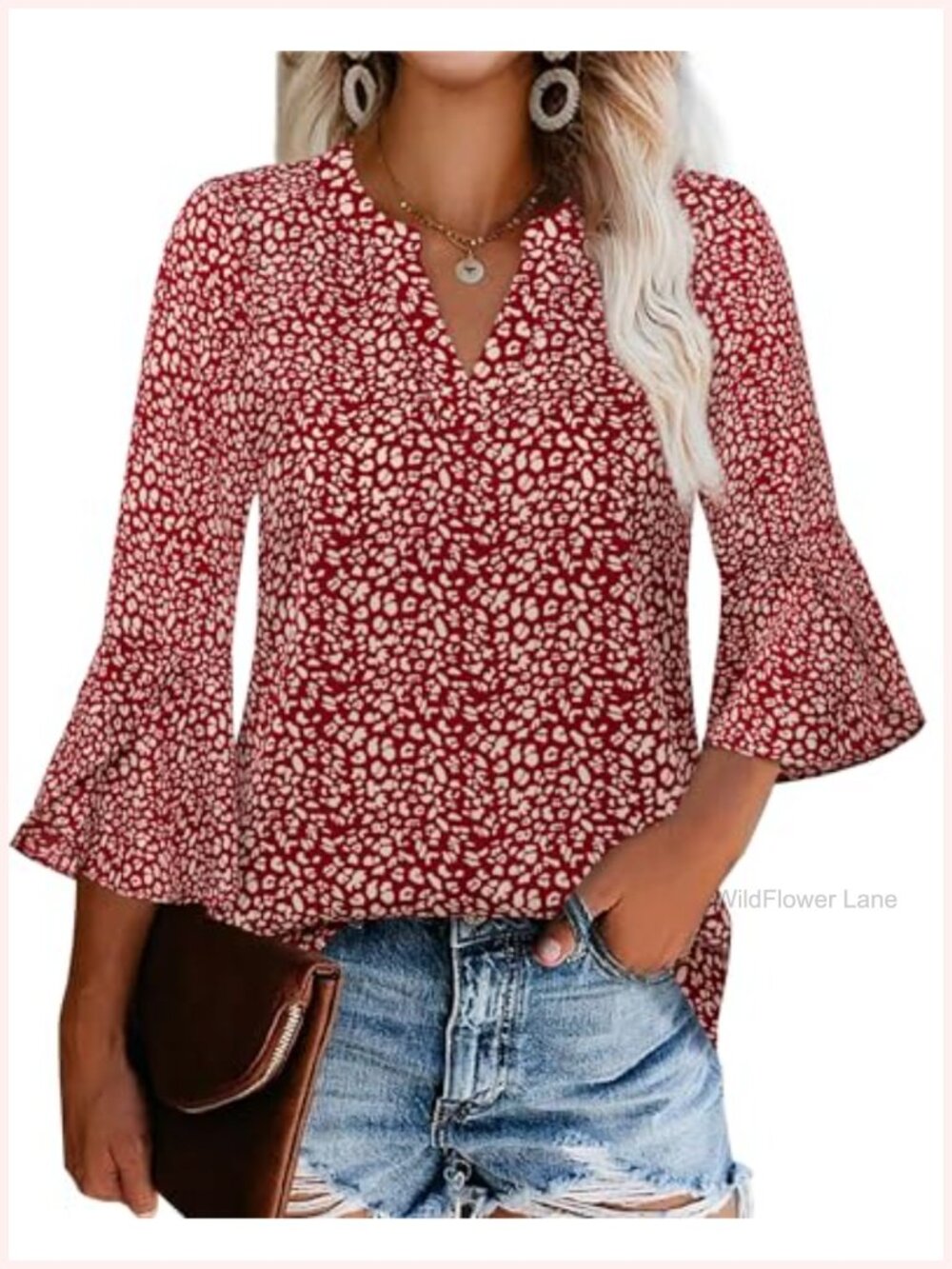 Women's Chiffon Ruffle 3/4 Bell Sleeve Split V-Neck Work Blouse Top